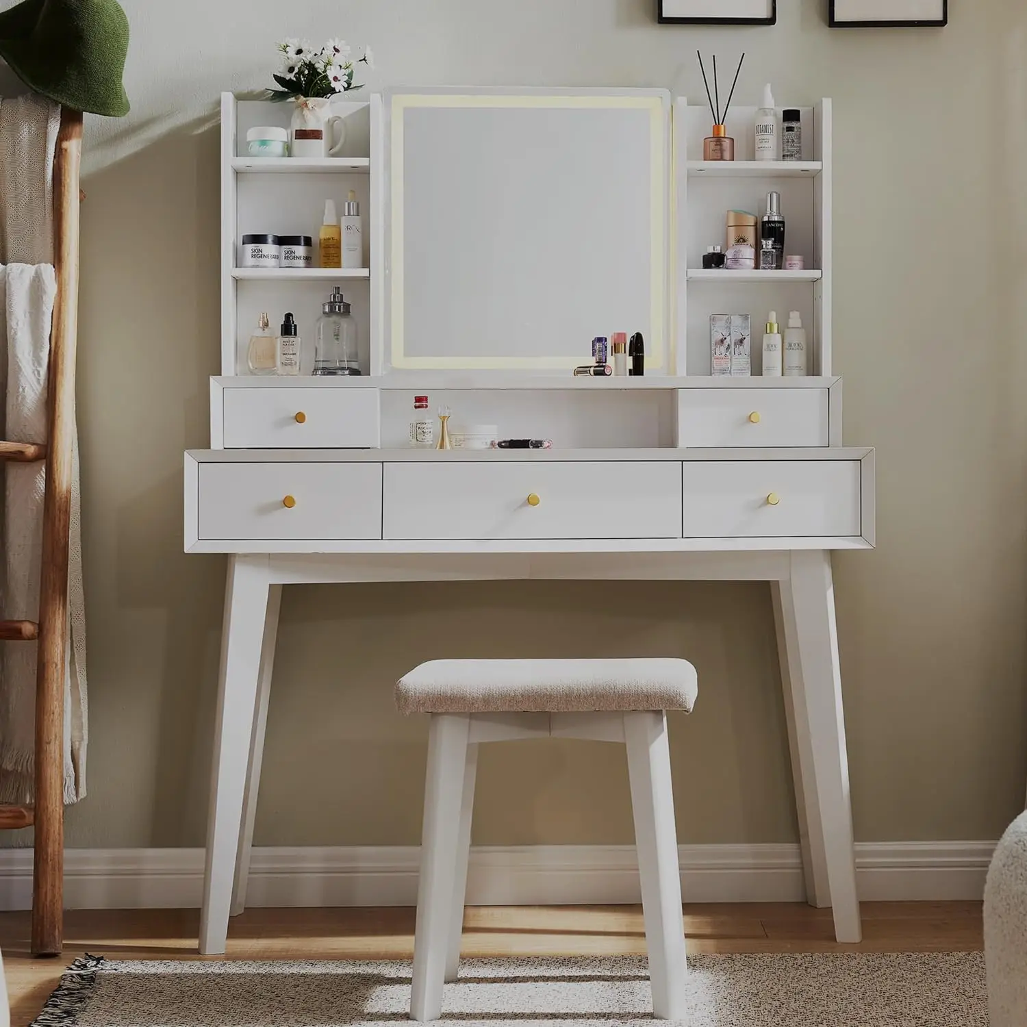 Modern Makeup Vanity Desk with Mirror and Lights, 42\'\' Glass Top Table with 5 Drawers and Shelves, Stool Included, Glam White