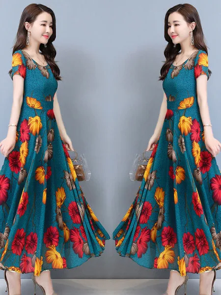 

Новая летняя макси-юбка с цветочным принтом для женщин среднего возраста 50+, в корейском стиле, свободного кроя, с коротким рукавом