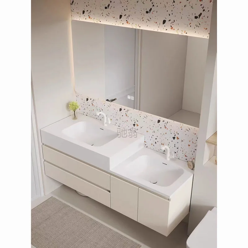 Luxury Skin Bathroom Cabinet Intelligent Solid Wood Vanity Combination High and Low Washbasin Sink Double Basin Bathroom Cabinet