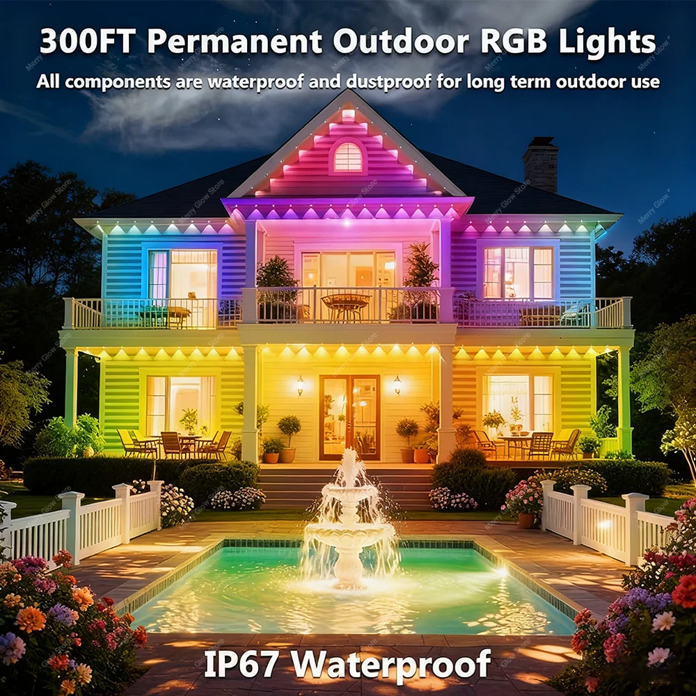أضواء إيف الدائمة في الهواء الطلق 300FT 180LED الذكية RGBIC الطنف LED أضواء مهرجان الإضاءة الساطعة الجنية سلسلة عطلة الإضاءة