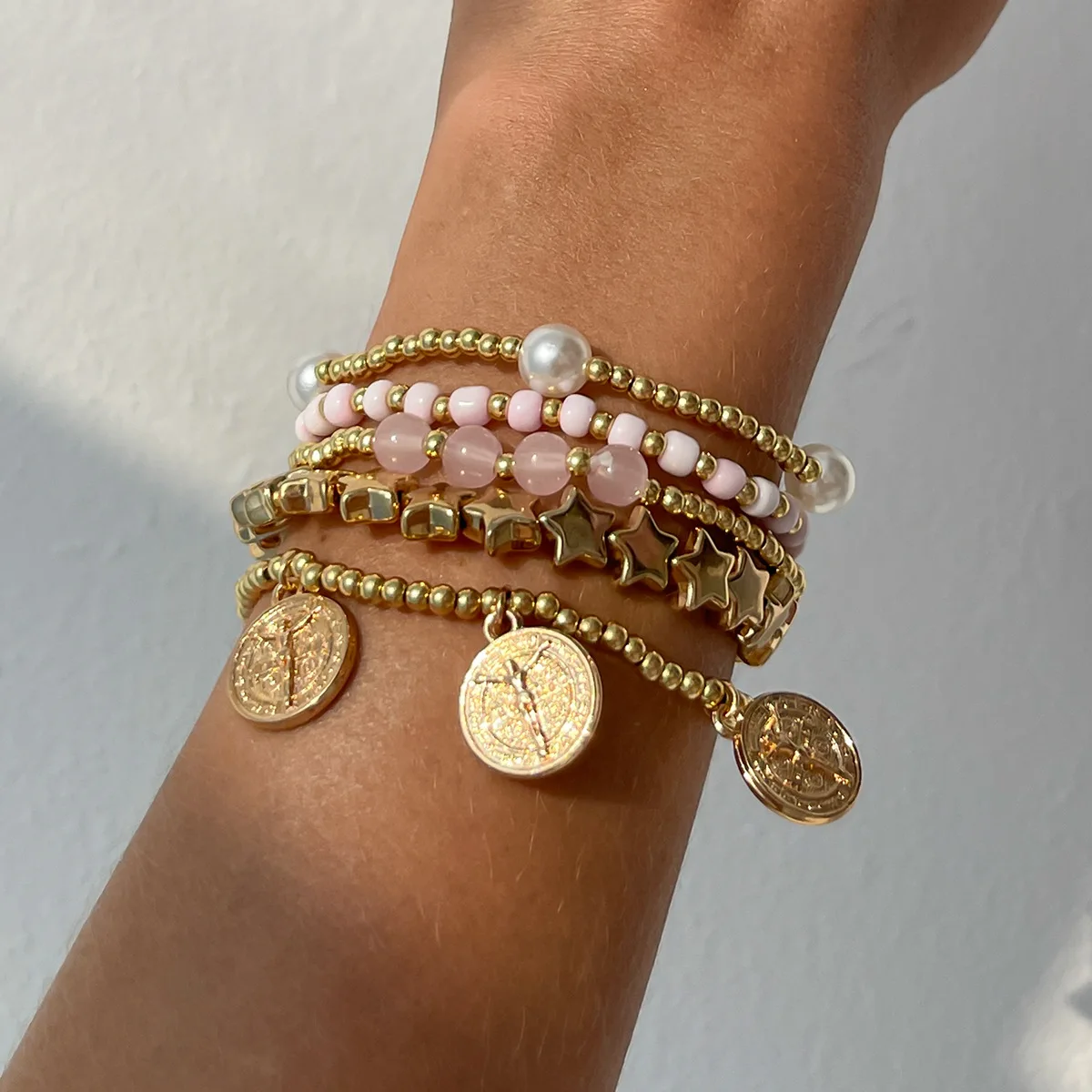 Retro Round Carved Pendant Bracelet 2025 Multi Layer Gold Color Star Round Bead Elastic Thread Woven Girls' Fashion Jewelry image 4