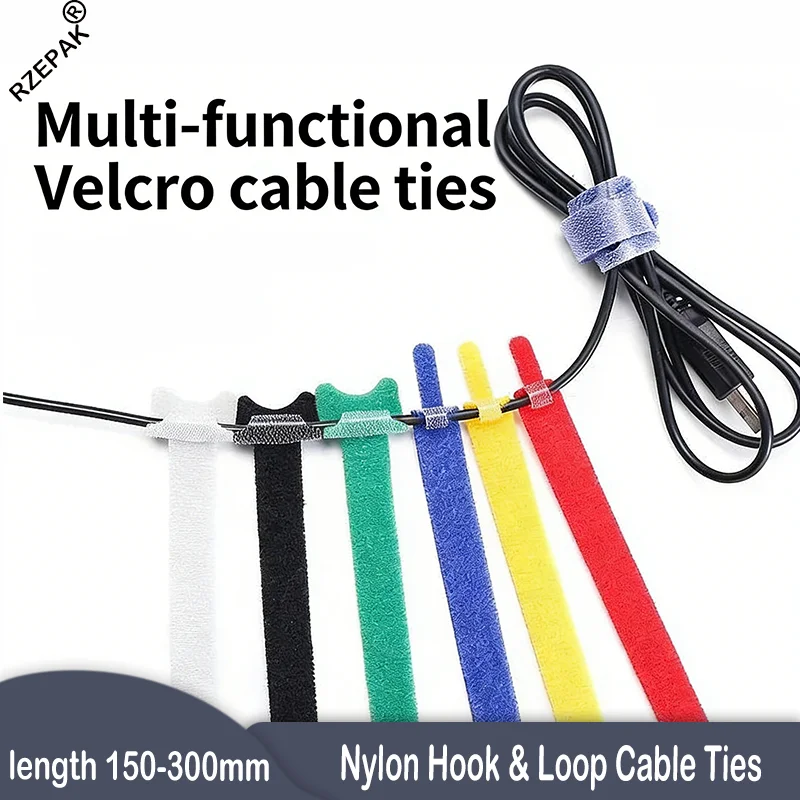 

150-300mm Length Reusable Fastening Cable Ties - Adjustable Nylon Hook Loop Cord Organizer Wire Management Straps