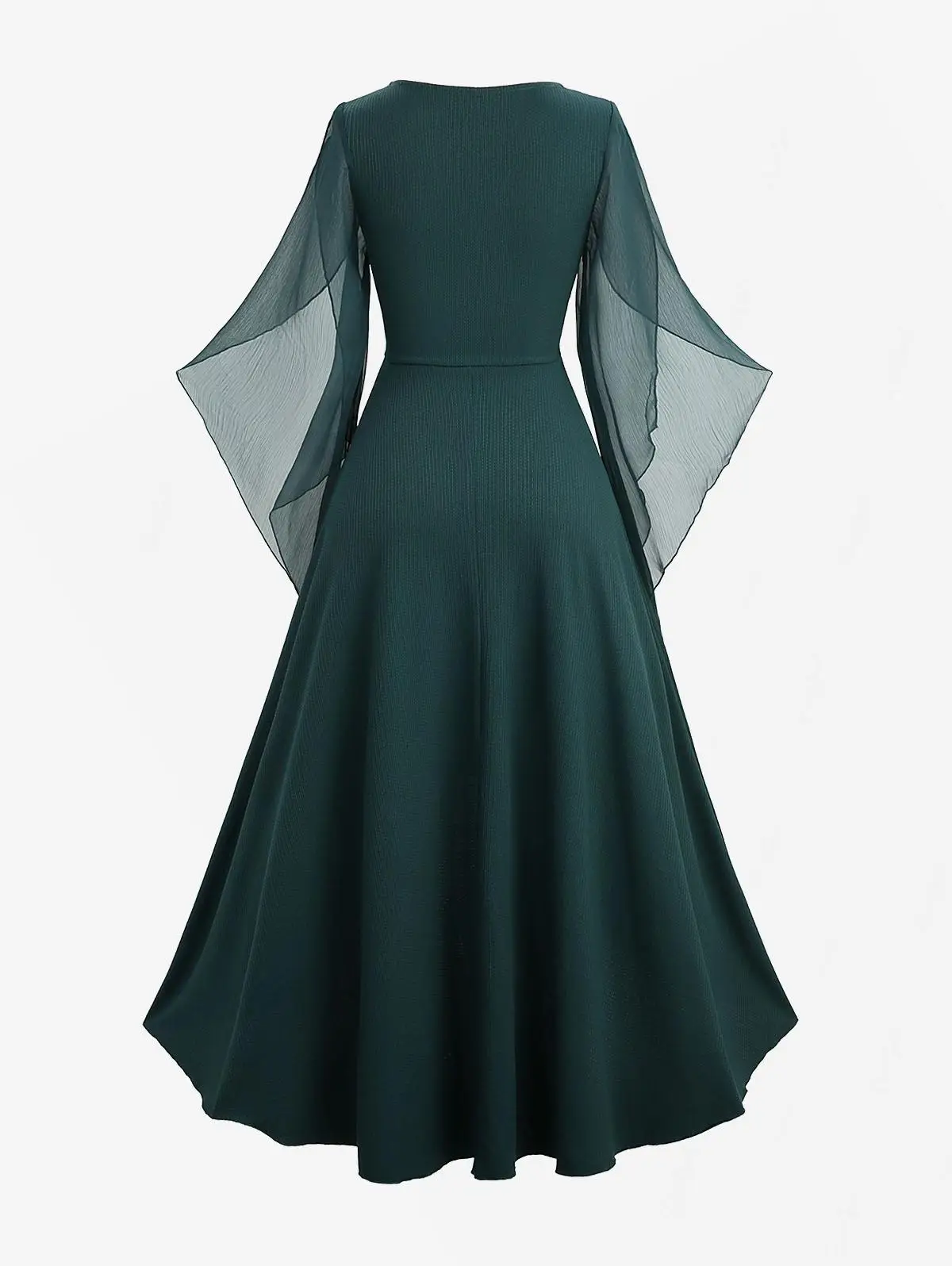 Neue Tiefgrüne Kleider Für Frauen Geraffte Rüschen Panel Sheer Mesh Flare Ärmeln Strukturierte High Low Kleid Herbst Maxi Vestidos