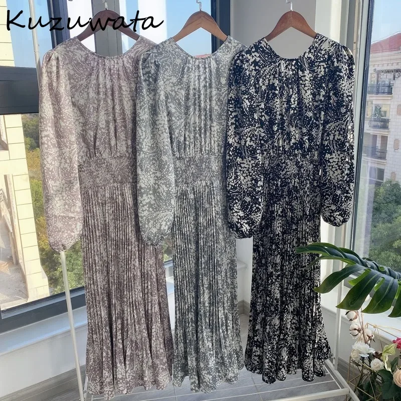 

Kuzuwata Elegant V Neck Chic Print High Waist Dress 2021 Spring French Style Vestidos Puff Sleeve Aesthetic Women Dresses