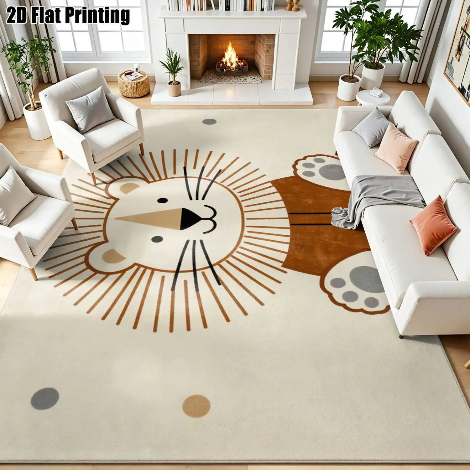 1Pc 2D Printed Cream-White Cartoon Lion Nordic Carpet, Instagram Floor Mat, Modern Minimalist Rug for Home Decor, Multi-Size, Machine Washable, Suitable for Living Room, Bedroom, Dining Room, Entrance