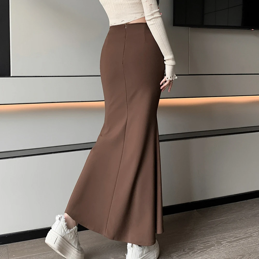 Elegant Long Mermaid Skirts Women Chic Folds Stretch Wrap Hips Black Coffee Casual Skirts Korean Style Office Lady Slim Skirts