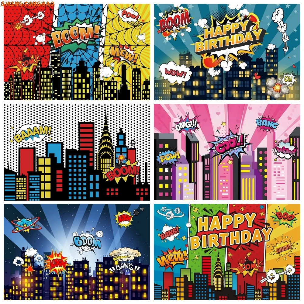 

Superhero Birthday Backdrop City Building Super Hero Baby Shower Party Photography Background For Photo Studio
