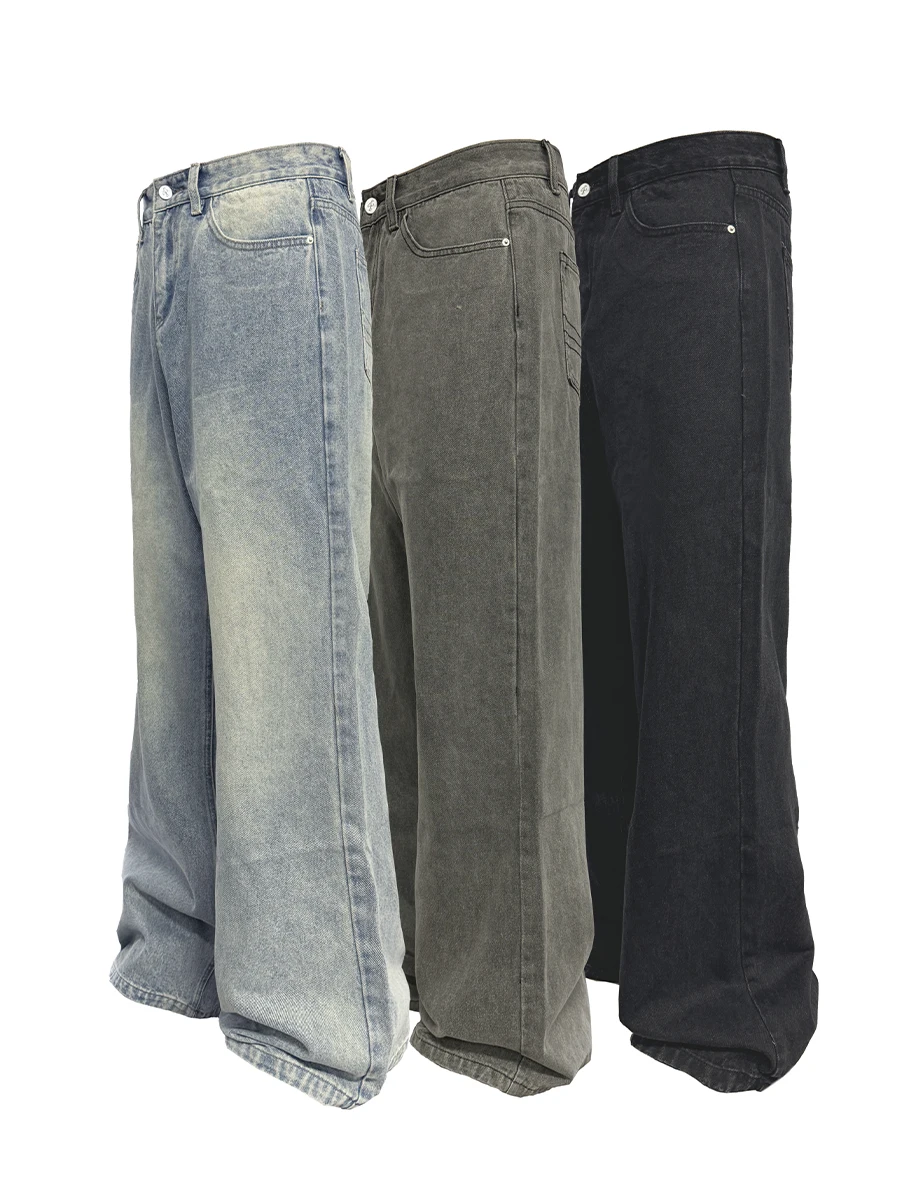 JCAESAR Classical Denims Triple Color Washed Straight Leg Jeans Natural Aged Youth Trend Wear Resistant All Seasons Loose Fit