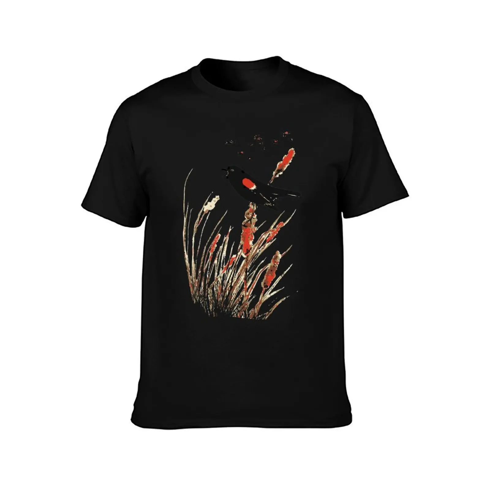 Watercolor Red Wing Blackbird Bird Nature Art T-Shirt, Summer Casual Cotton Tee, Oversized Streetwear Tops, Unisex Men Women