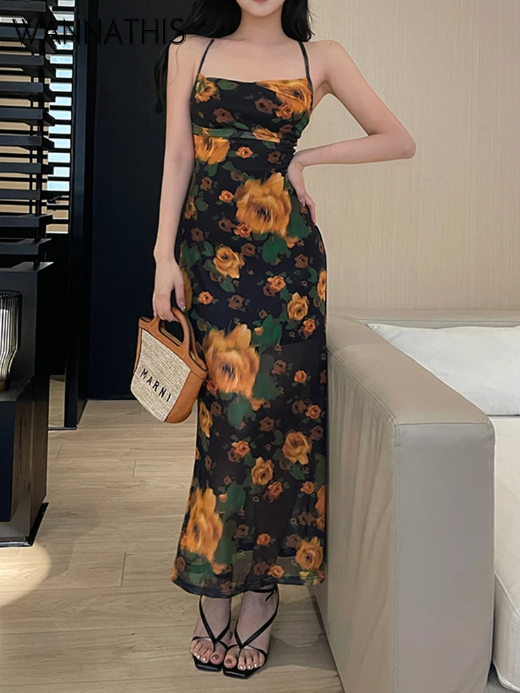 

WannaThis Y2K Rose Flower Backless Cut Out Dress Women Sexy Sleeveless Summer Elegant Beachwear Chic Party Casual Dresses