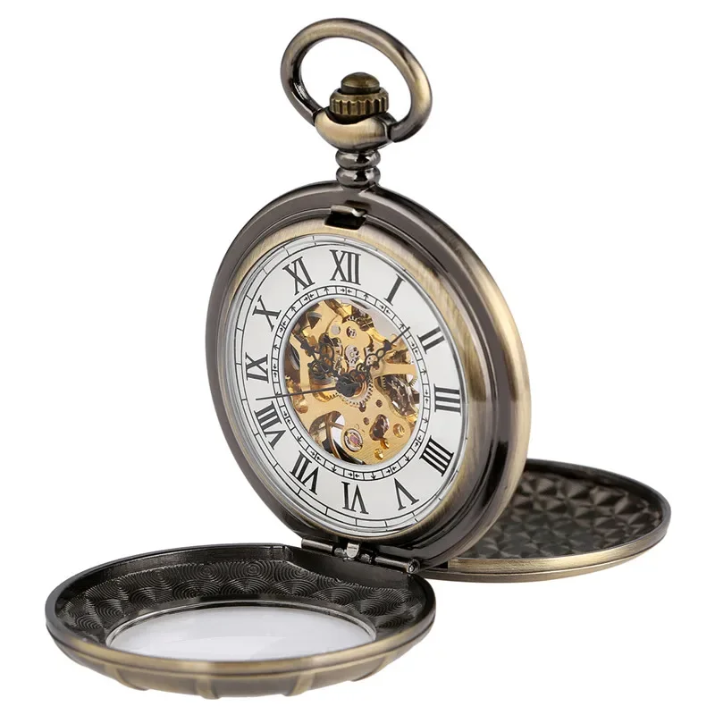 Classical Hand Winding Mechanical Pocket Watch for Men Women Double Open Design Vintage Pendant Chain Clock  with Roman Number