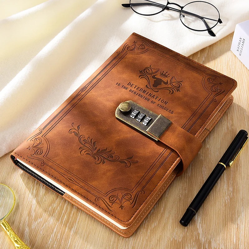 A5 Password Notebook Vintage Faux Leather Binder Diary with Lock School Stationery Handbook Notes Office Writing Journals