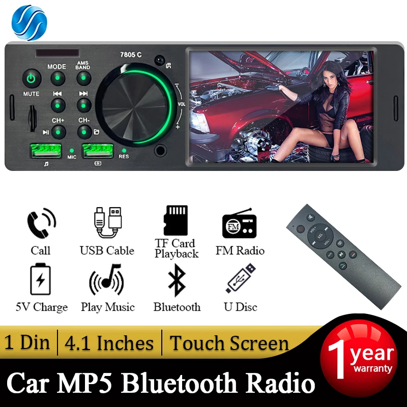 

SINOVCLE Car 1din radio Bluetooth Stereo Mp5 Player 4.1” Touch Screen With Remote Control AUX/USB/TF Fast Charging Audio Radio