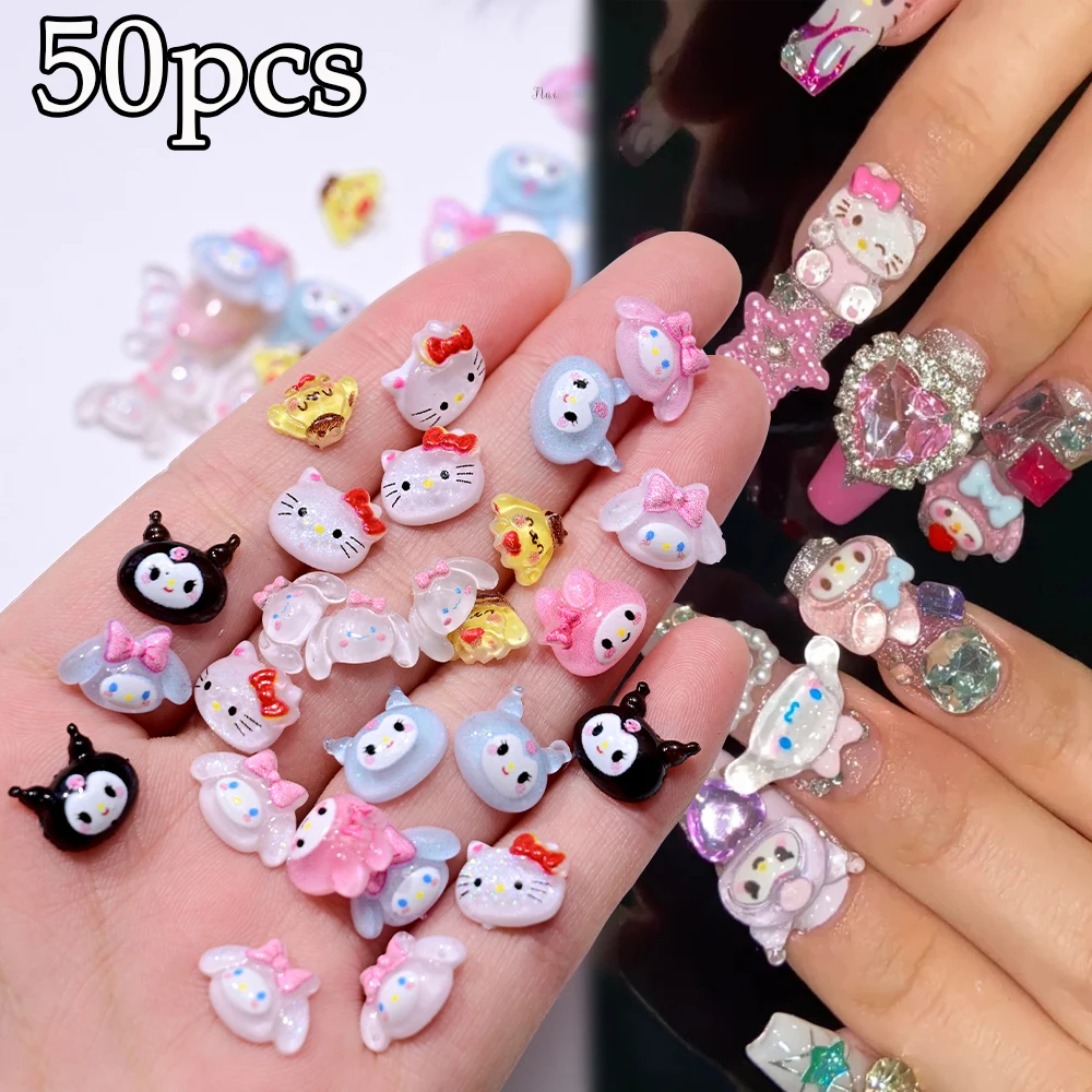 50 Stück Kawaii Hello Kitty Sanrio Nail Art Charms Cinnamoroll Melody Kuromi Nageldekorationen Y2K Japanische Anime Maniküre Schmuck