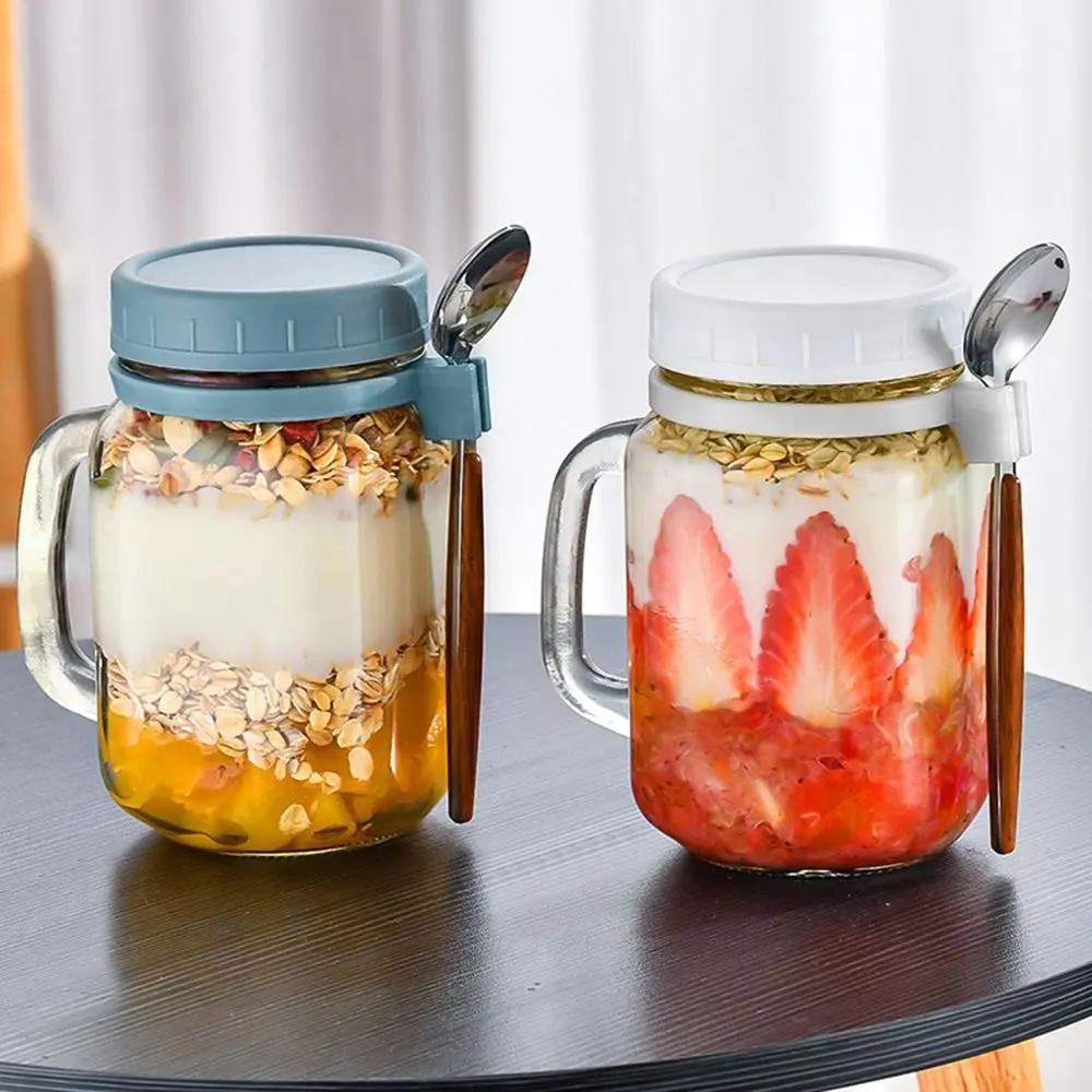 Overnight Oats Jars with Lids Yogurt Pot 450ml Wide Mouth Glass Breakfast Jar with Spoons & Handle Leakproof Container
