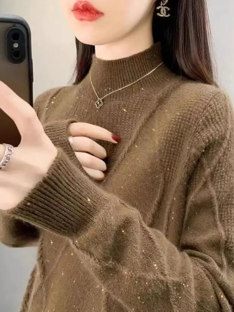 iny Pailletten-Strickpullover f High Ne Damen Sle Frühling Herbst Neuankömmling Loose Fit Pendeln Sle Reine Farbe