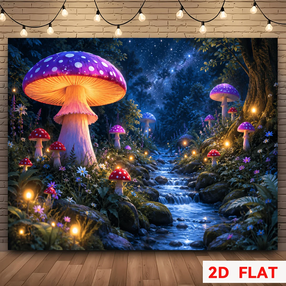 Magical Glowing Mushroom Forest Stream Night 2D Flat Tapestry Backdrop For Bedroom Decor Fairy Tale Wall Hanging Art Print