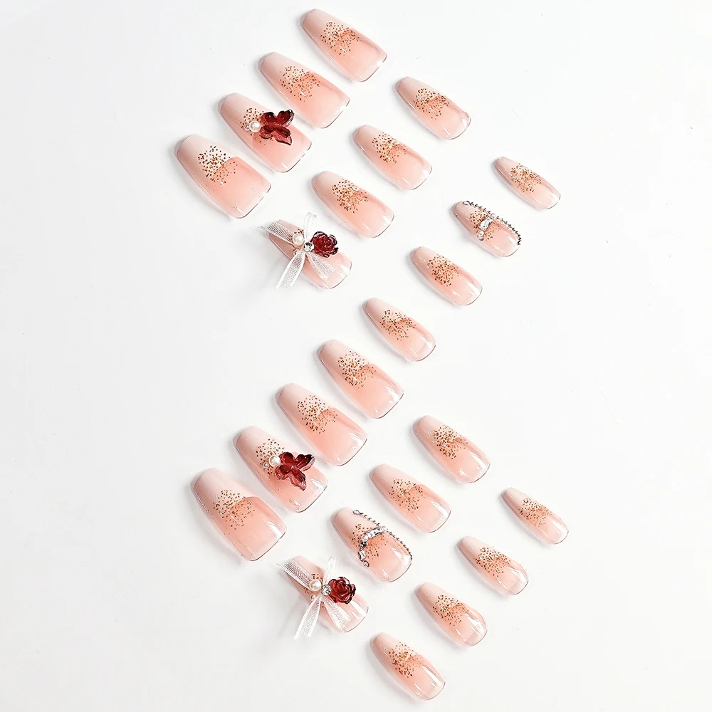 24 Uds. De lazos elegantes y Camelia, uñas postizas francesas con mariposas rojas en 3D, diamantes de imitación de resina, ataúd largo, puntas de extensión de uñas postizas