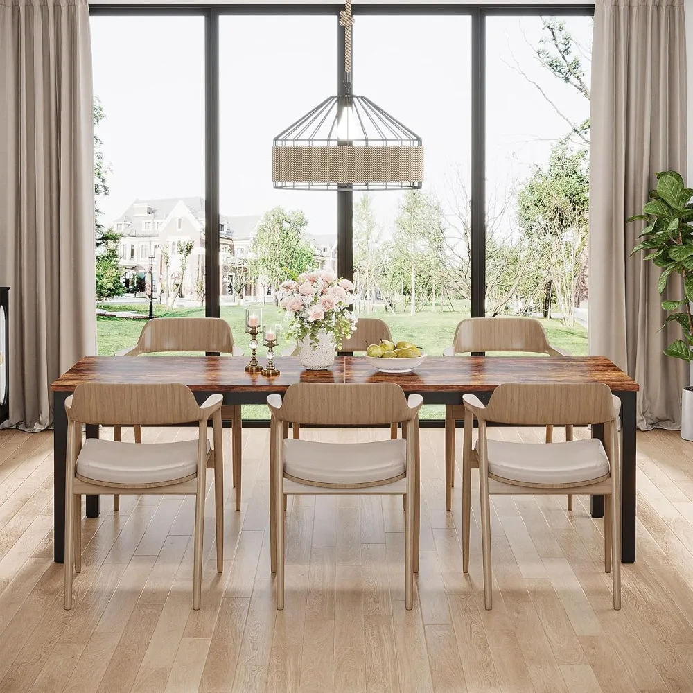 Large Rustic Industrial Style 78.7 Rectangle Wood Dining Table Seats 6-8, Narrow Design for Comfortable Dining