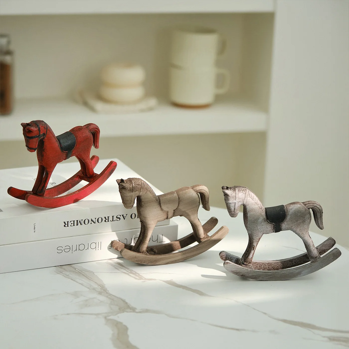Nordic Retro Wooden Rocking Horse Ornament Desk Decor Balance Art Adornment Creative Hand Carved Animal Figurines Xmas Kids Gift