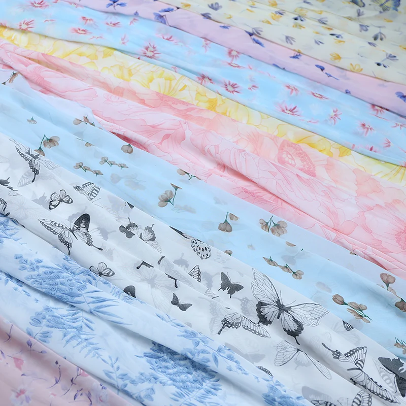 75D Printed Chiffon Fabric By The Meter for Dresses Skirts Clothing Shirts Diy Sewing Floral Flowers Summer Cloth Soft Thin Blue