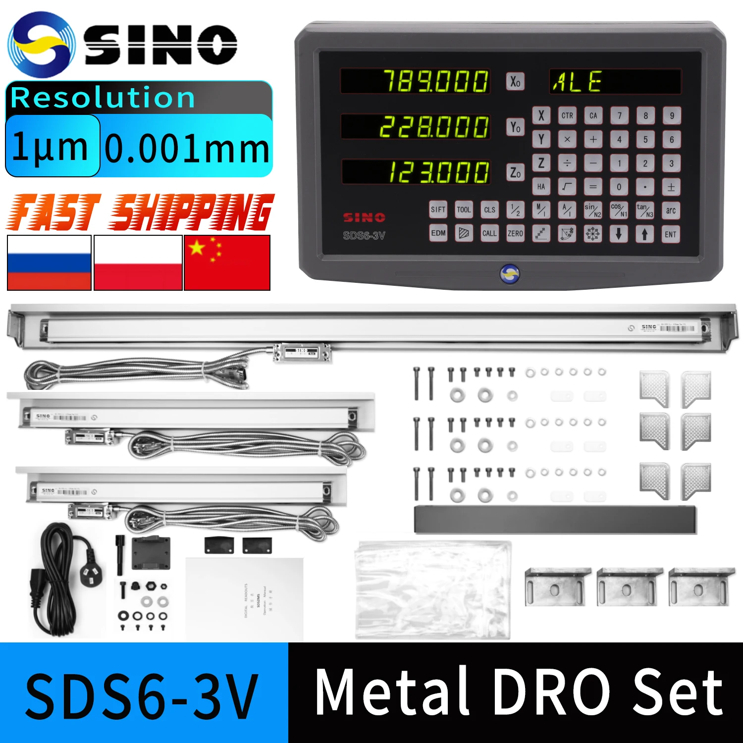 【1 мкм】SINO 3-осевой комплект DRO SDS6-3V, металлический цифровой считыватель KA-300 KA-500, стеклянные линейные кодеры для токарных станков, шлифовальных станков, фрезерных станков