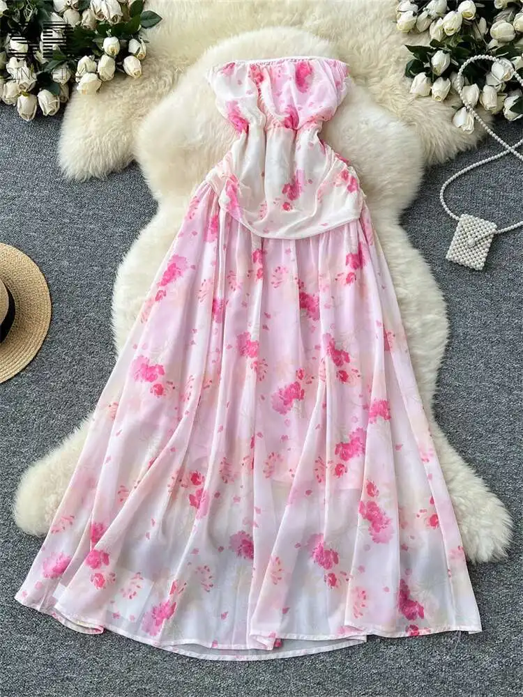BabYoung Floral Vacation Chiffon Dress Sleeveless Strapless Zipper Design French Sundress Summer Beach Sexy Print Dresses