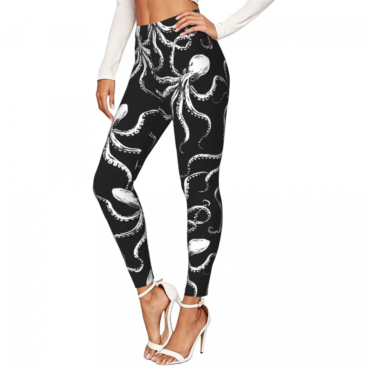 Ladies Elastic Waist Skinny Leggings Octopus Pattern Trousers For Daily Outdoor
