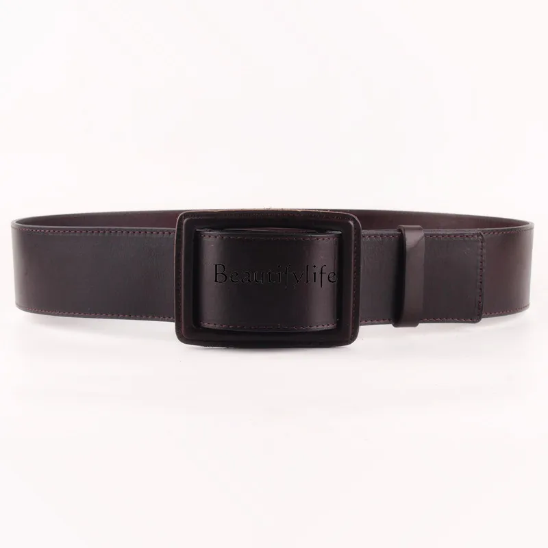 Versatile simple wide waist seal first layer cowhide accessories Korean version genuine leather black decorative belt