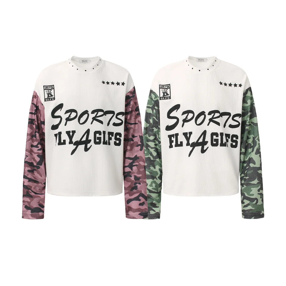 

2025 Популярная в Америке рубашка с длинными рукавами из чесаного хлопка в стиле пэчворк с буквами и граффити, мужская и женская свободная футболка с длинными рукавами