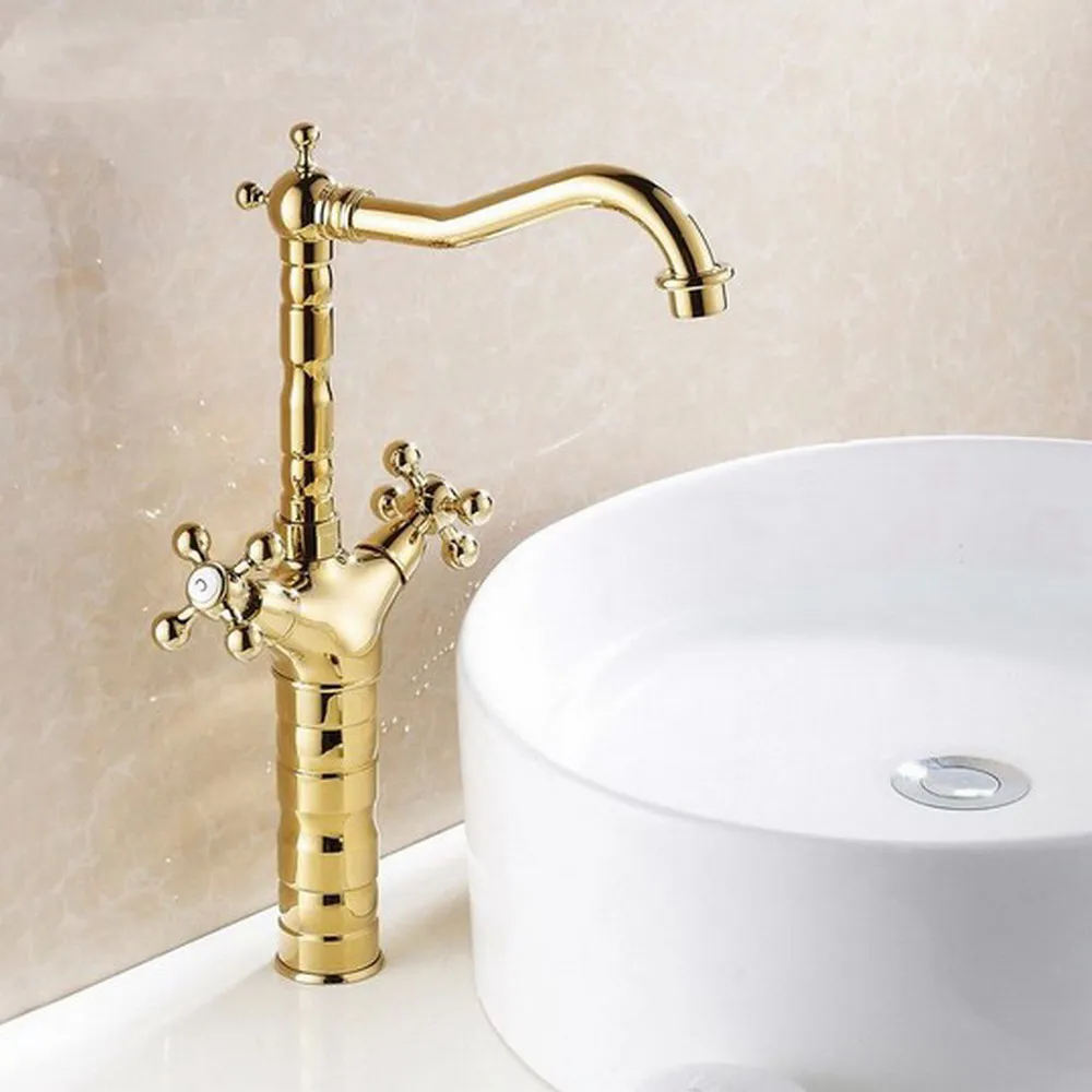 

Basin Faucets Golden Double Cross Handle Bathroom Sink Faucet Swivel Spout Bathbasin Vanity Mixer Taps Nsf094