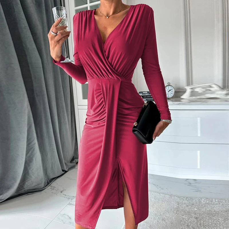 Elegant Pary Dress Women V Neck Long Sleeve Bodycon Dresses For Women Sexy Midi Dress Solid Color Split Up Office Dress