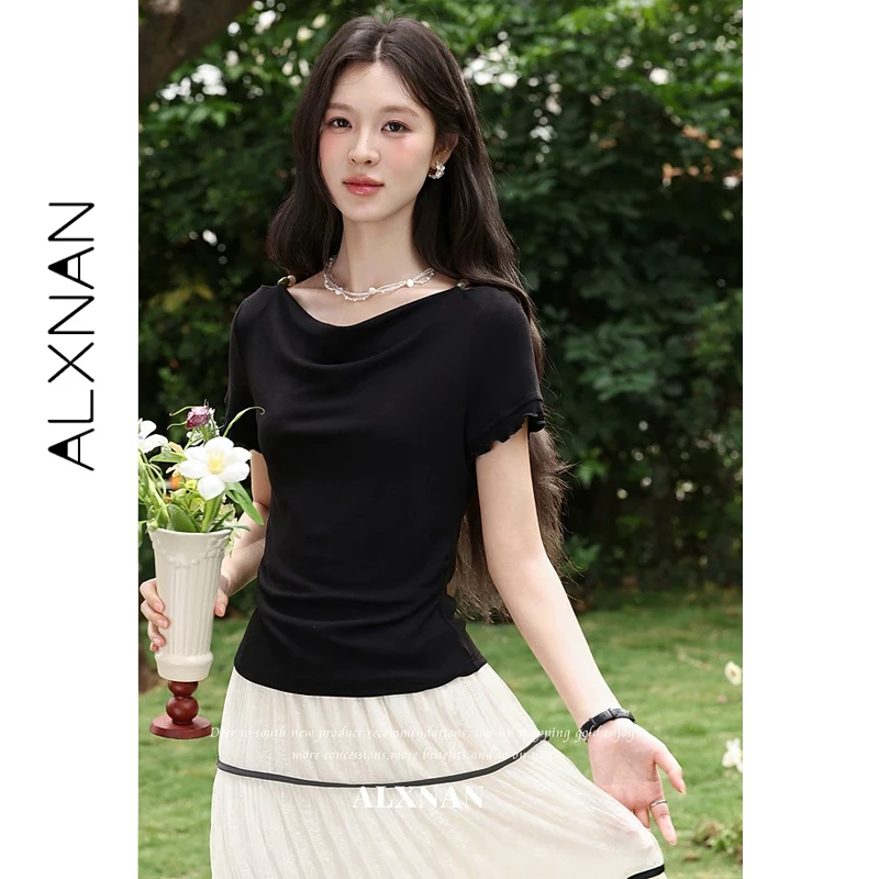 

ALXNAN Black T-shirt Cowl Neck Wave Ruffle Elegant Short Sleeve T-shirts Women 2026 Summer Casual Ladies Basic Clothing L63835