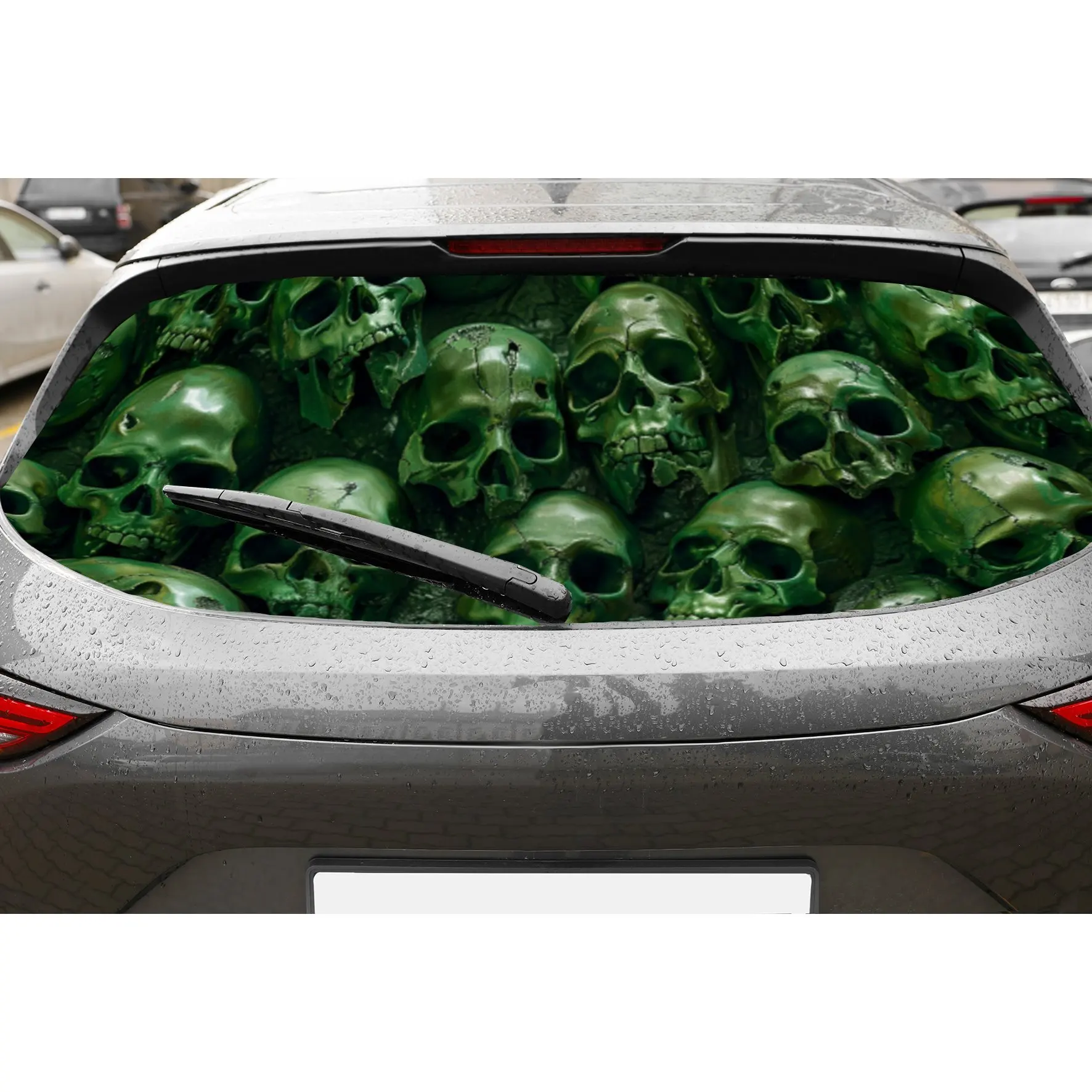 

Виниловые обертывания на заднее окно автомобиля с множеством зеленых черепов, водонепроницаемые самоклеящиеся виниловые обертывания для автомобиля, защита поверхности, персонализированные