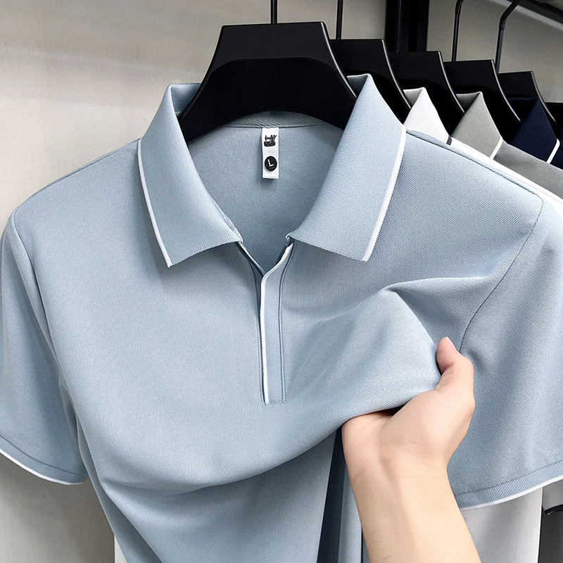 High end luxury brand ice silk short sleeve polo shirt summer solid color breathable men's T-shirt business casual fashion top