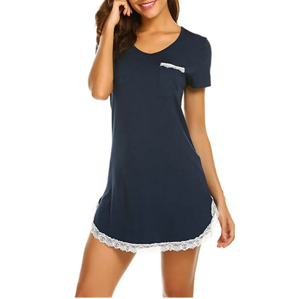 Spring and Summer Women's Nightdress Pure Cotton Pocket Lace Home Service Sleep Tops Night Gown Sleepwear Women Nightwear