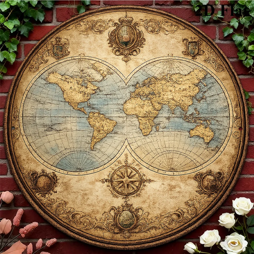 CIFBUY Vintage World Map Round Aluminum Wall Art Waterproof Rustproof Metal Decor for Living Room Study Bar