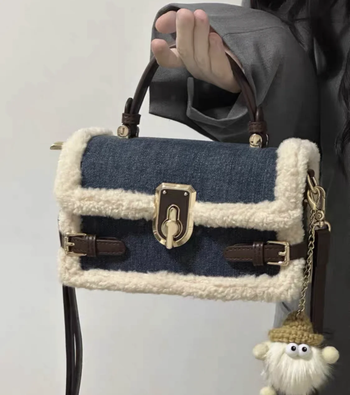 Opulent Imitation Wool Cotton Suede Big Capacity Flap Clutch Handbag Purse Women\'s Bag