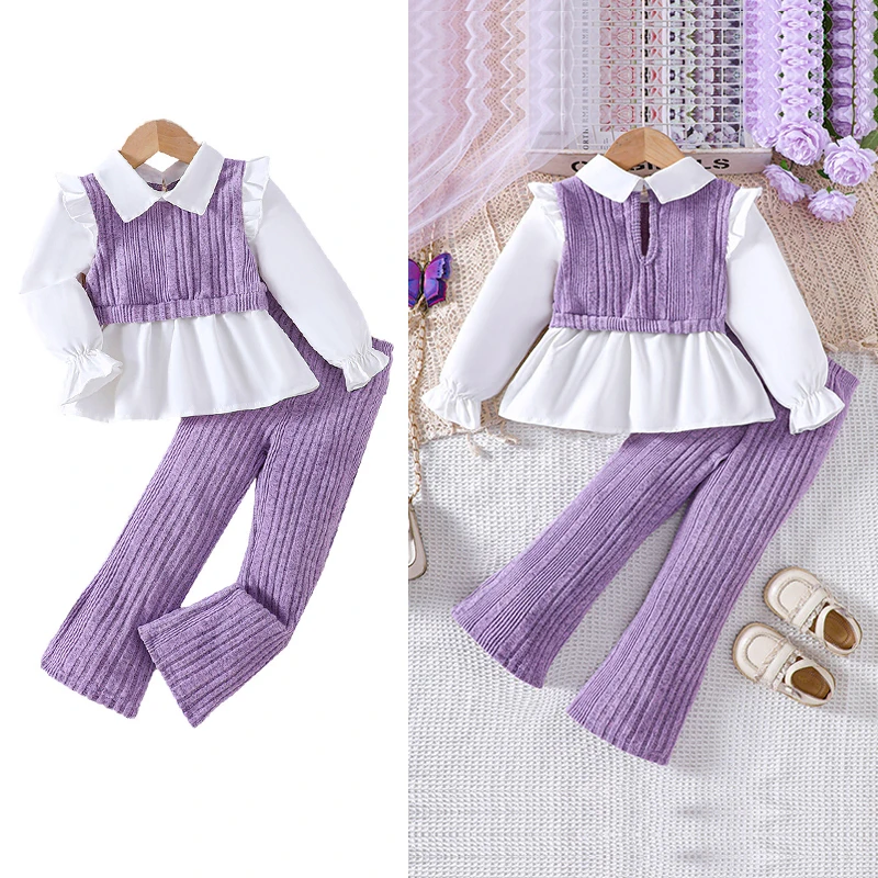 Girls Clothing Sets for Kids Girl Spring Autumn Toddler Purple Long Sleeve Shirts Tops Pant Fashion Children\'s Suit 2 3 4 5 6 7