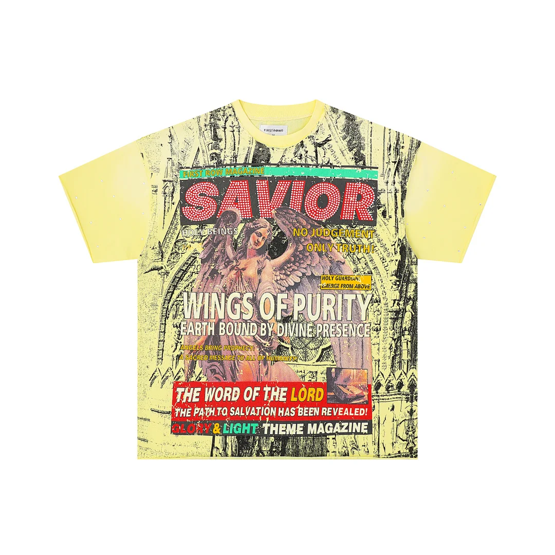 Summer Vintage Rhinestone Tee Men FIRST ROW SAVIOR Angel Print T-shirt Retro Streetwear Loose Crew Neck Casual Shirts Unisex