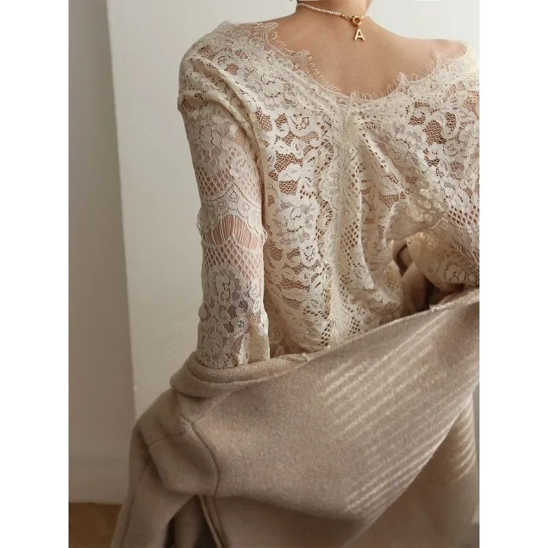 QWEEK Elagant Lace Transparent Blouse Women Youthful V Neck Long Sleeve Shirt Female Vintage Luxury 2024 Spring Aesthetic Korean