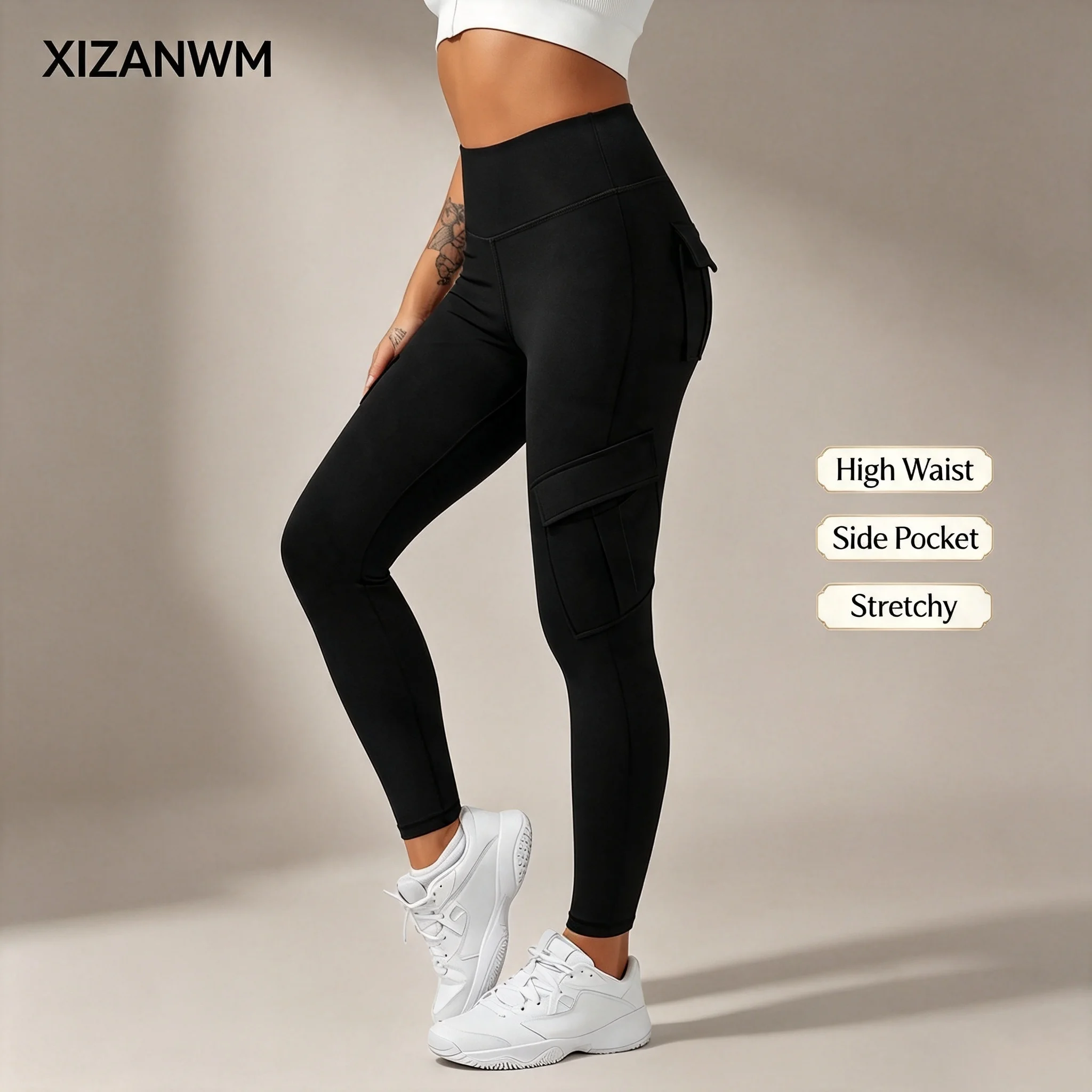 Women's High Waist Cargo Yoga Pants with Pockets, Butt Lifting Workout Leggings, Stretch Athletic Pants for Running Gym Fitness