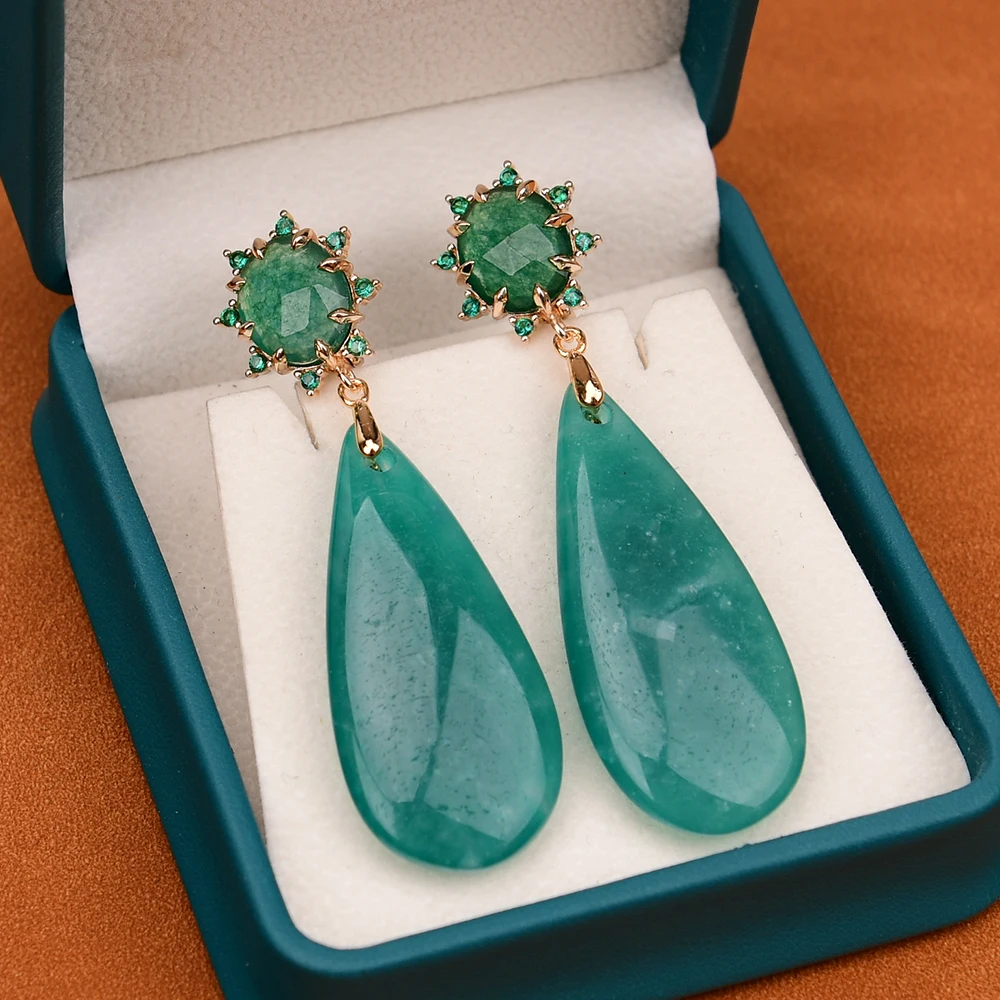 G-G Natural Green Amazonite Stone Gold Plated Green Jades CZ Stud Dangle Earrings Party Jewelry For Women