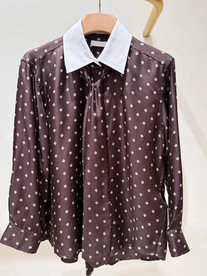 

Коричневая блузка с цветочным принтом в горошек, длинными рукавами, винтажным дизайном и завязками на шее, из полиэфирного волокна, дышащая, комфортная, женская.