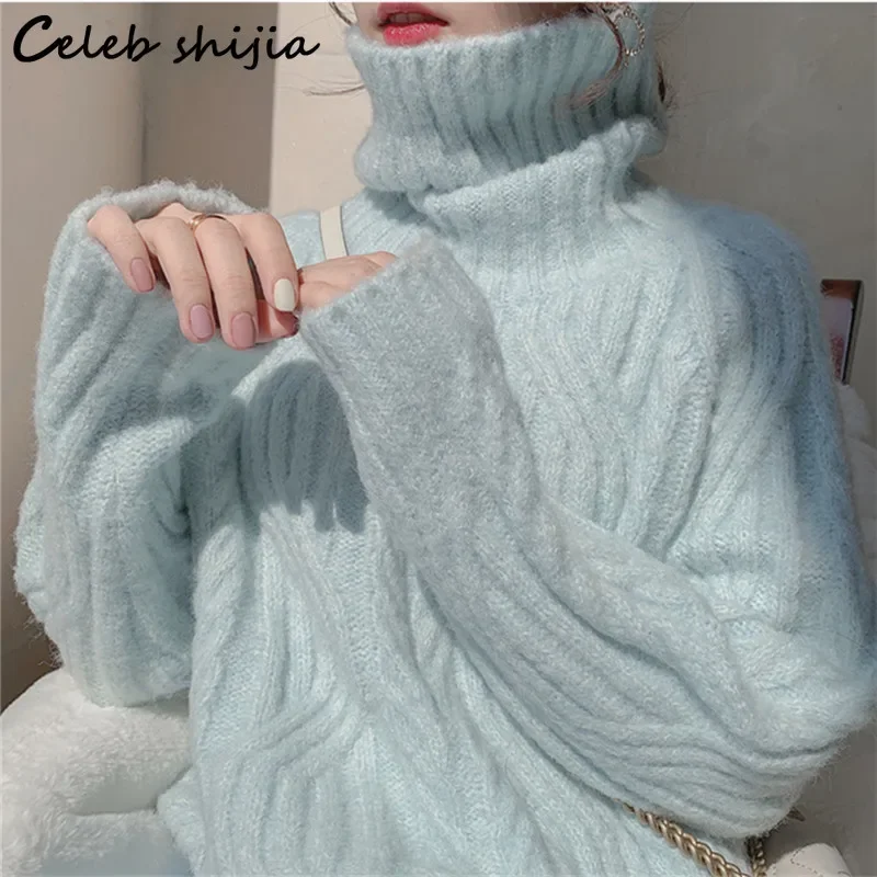 SHIJIA New Turtleneck Sweater Woman Blue Thicken Long Sleeve Knitting Jumper Korean Autumn Winter Warm Sweater Pullover Female