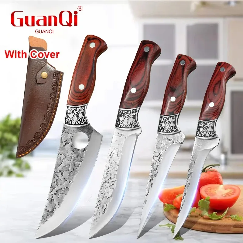Professional Kitchen Butcher Boning Knife Hand Hammered Texture Blade Wooden Handle Meat Fillet Knife with Leather Cover
