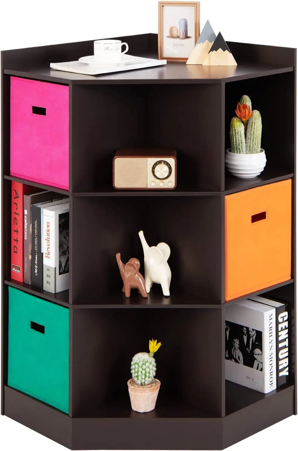 

9-Cubby Kids Bookcase with Large Storage Bins, Children's Corner Cabinet with 6 Cubes and 3 Shelves, Wooden Toy Organize