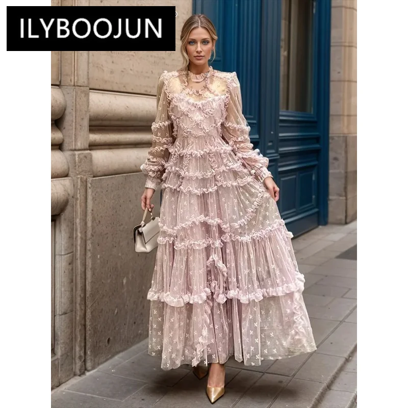 

ILYBOOJUN Solid Elegant Patchwork Folds Long Dress For Women Stand Collar Long Sleeve High Waist Chic Mesh Dresses Female New