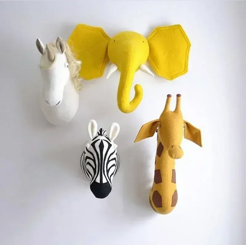 Adorables juguetes de peluche con cabeza de animal en 3D con elefantes, jirafas y cebras, decoración del hogar para colgar en la pared, regalo encantador para niños