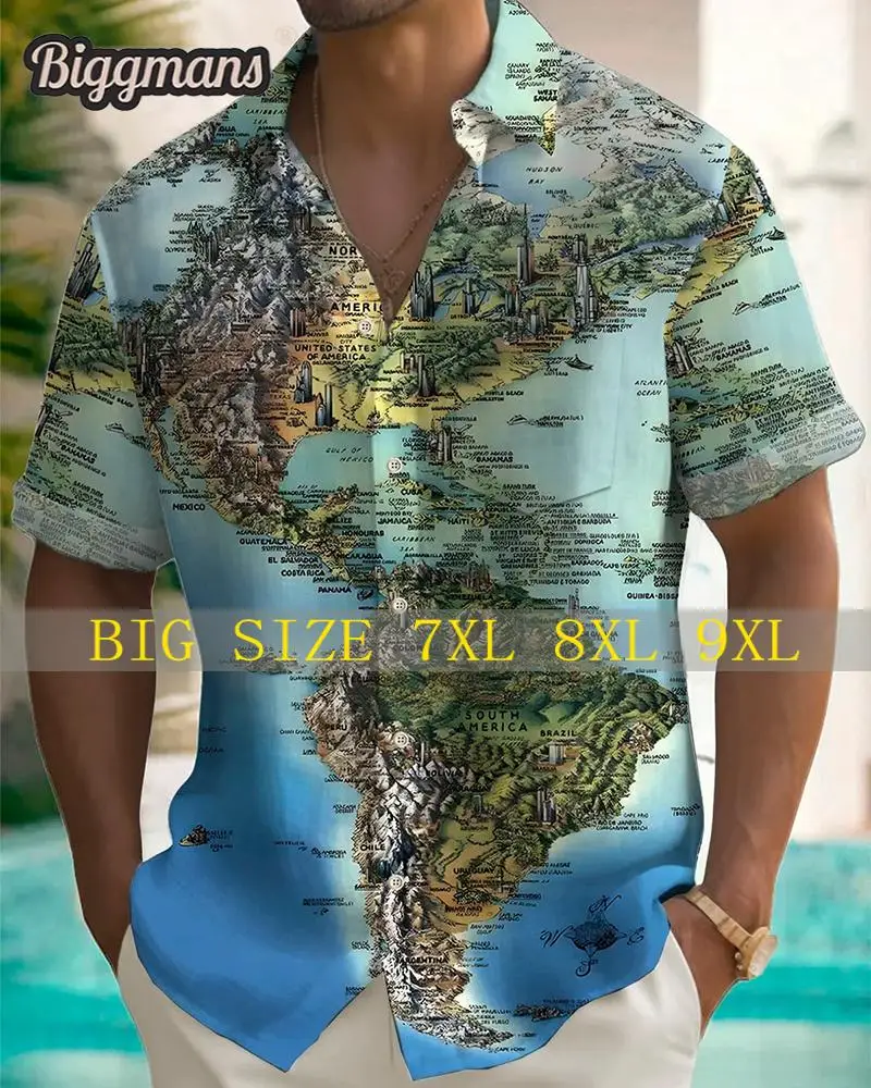 

Biggmans L-9Xl for Men's Shirt Clothing Summer Hawaii Beach Map Pattern Short Sleeve 3D Large Big and Tall Plus Size Top 8Xl